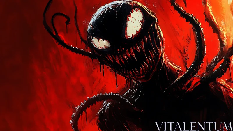 Digital painting of monstrous symbiote against red void field.