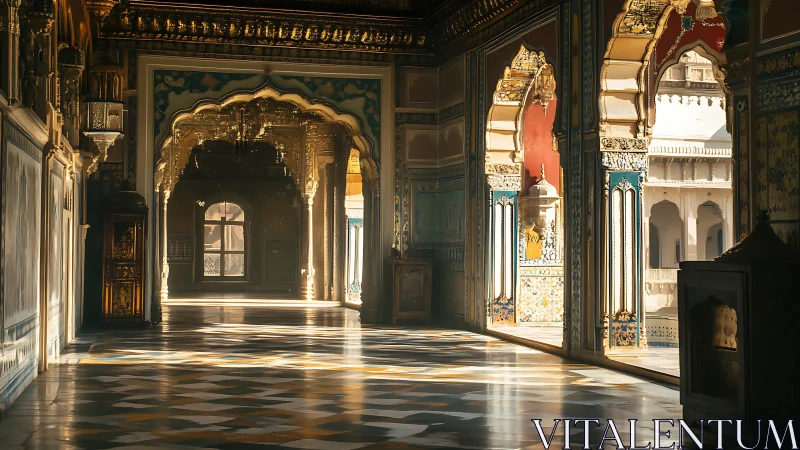 Sunlit corridor in ornate historic palace interior.
