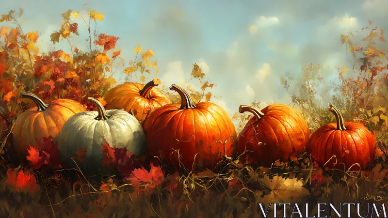Row of pumpkins rests in dense autumn foliage under sky