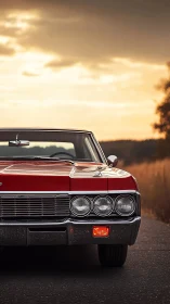 Low-angle frontal study of red vintage sedan at sunset