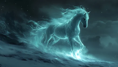 Ethereal Ice Horse in Nocturnal Storm Digital Painting.