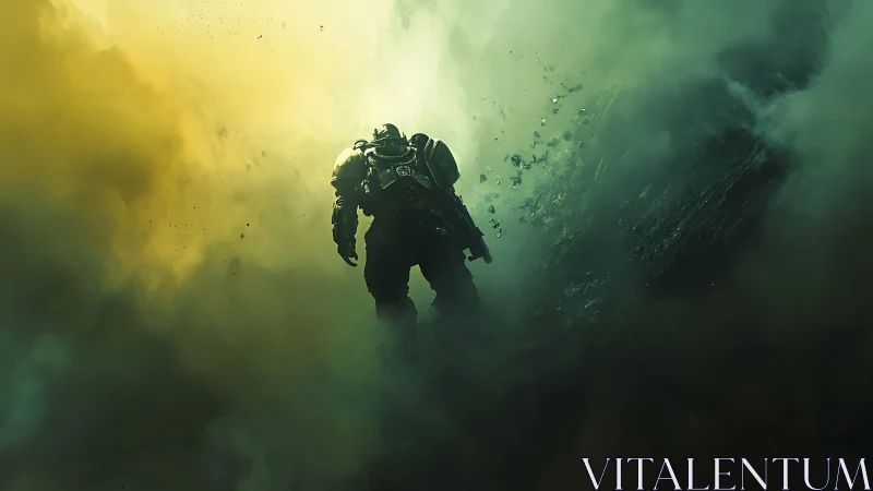 Armored space soldier descends through shattered green mist.
