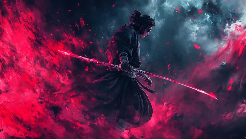 Lone samurai strides through crimson storm of energy