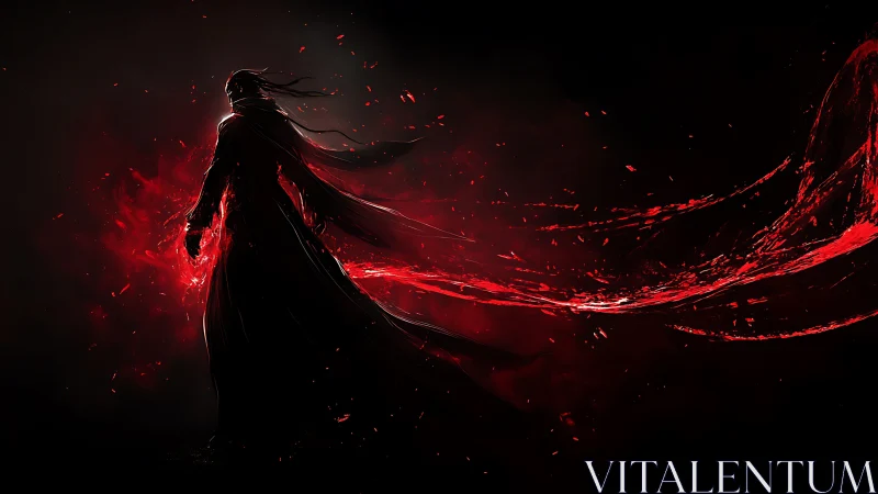 Shadowed warrior radiates crimson power in a dark void