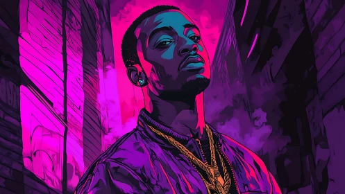 Neon-lit urban portrait uses bold magenta cyan contrast.