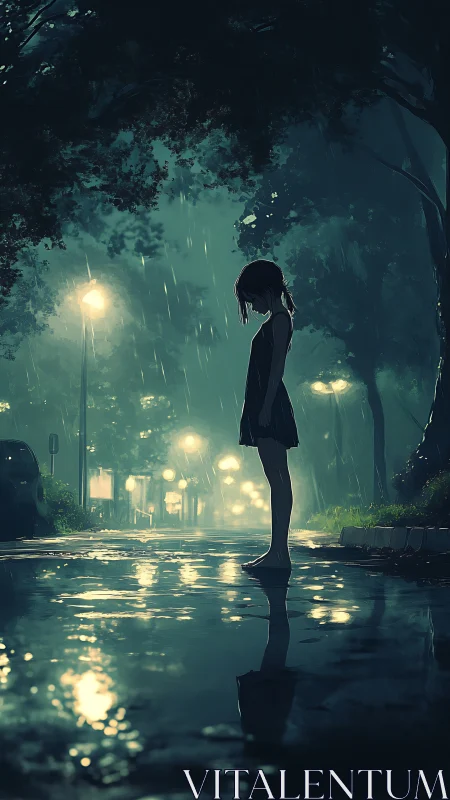 Quiet girl in the rainlit street finding a thoughtful pause.