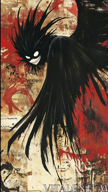 Grinning shadow demon sweeps across distressed red canvas