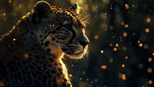 Golden-Hour Cheetah Profile with Bokeh Light Effect.