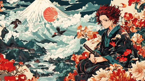 Samurai watches mountain sunrise across stylized floral valley