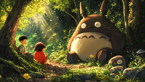 Forest guardian tea break with wide-eyed woodland giant.