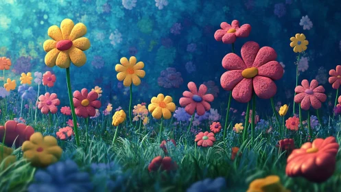 Colorful 3D flowers against blurred blue bokeh background