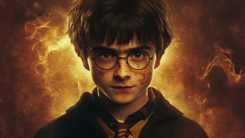Cinematic fantasy portrait of a bespectacled boy amid fiery aura