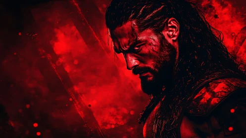 Brooding warrior in scarlet haze with intense side profile.