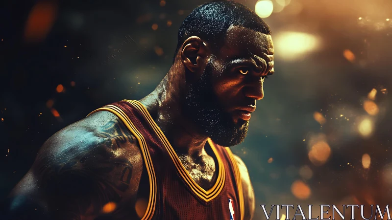 Intense basketball portrait glows in cinematic arena light