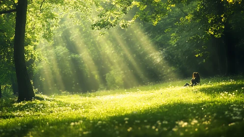 Tranquil forest scene with sunbeams and solitary figure, natural style.