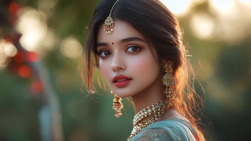 Elegant young woman in jeweled attire at golden hour.