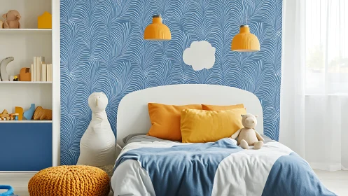 Kids bedroom with blue wallpaper and yellow accents.