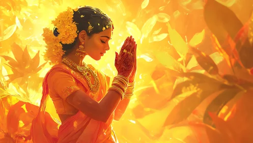Devotional Indian woman bathed in radiant golden light.