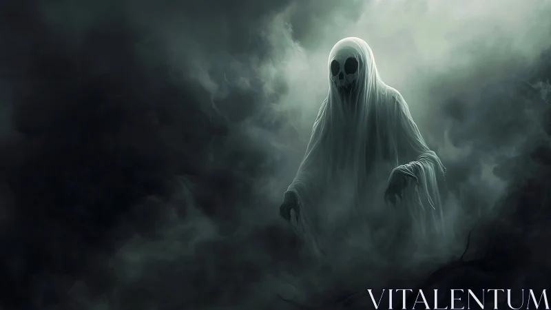 Spectral wraith emerging through dense monochrome mist.