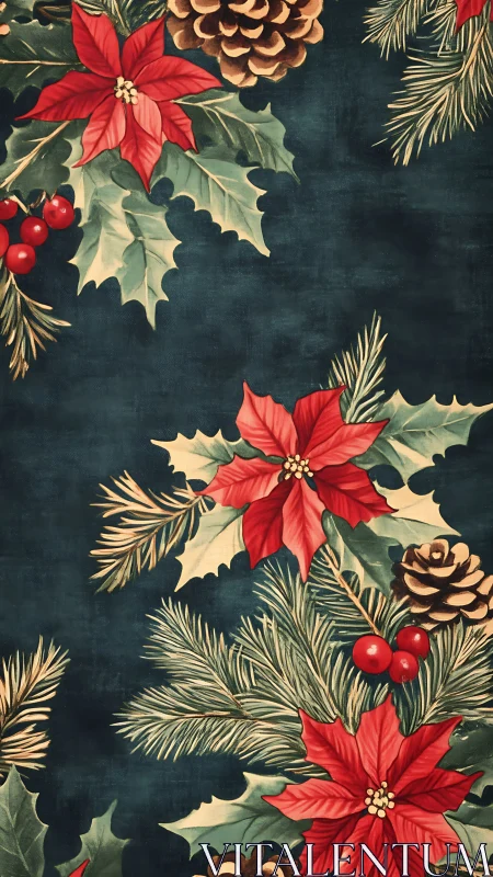 Joyful red poinsettias dance with pine on deep winter blue