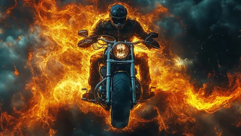 Blazing motorcycle rider charges forward through roaring flames
