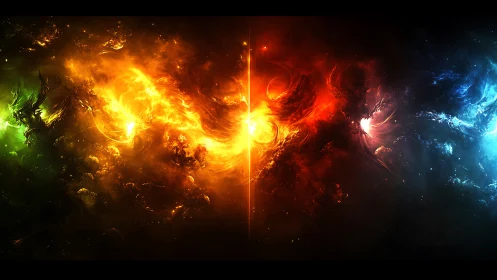 Elemental nebulae collide and carve a burning symmetry line