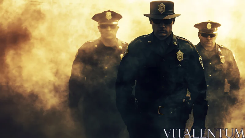 Three uniformed police officers walk forward through dense smoke