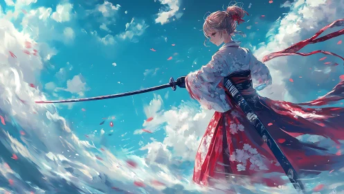 Samurai swordswoman slices dynamic sky plane with extended katana