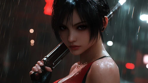 Digital portrait shows armed woman standing in wet night street