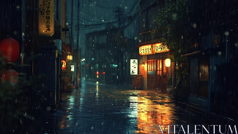Rain-soaked city alley glows softly with warm lantern light