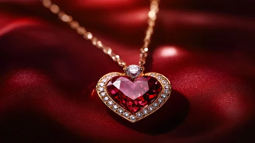 Macro shot of ruby heart pendant in rose gold halo setting