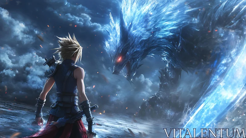 Warrior facing large icy dragon in stormy fantasy landscape.