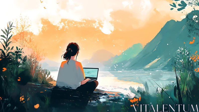 Backlit laptop user studies tranquil lake at saturated sunrise