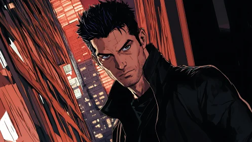 Brooding night hero stands confident between city towers