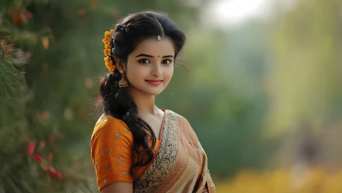 Young woman in traditional saree stands in soft outdoor light