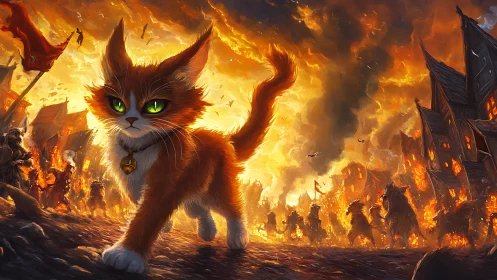 Colossal Cat Guardian Amid Inferno and War.