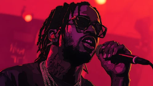 Stylized vector portrait of vocalist holding microphone onstage.