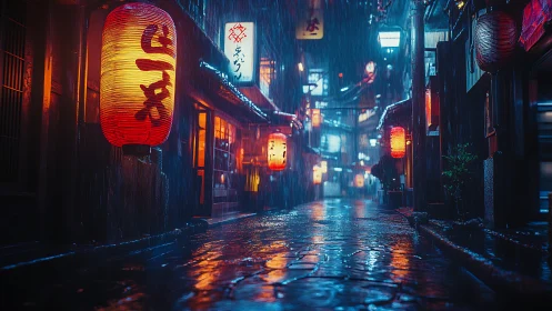 Rain-wet alleyway shows neon lantern specular reflections at night