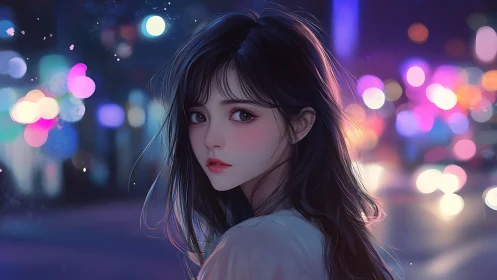 Neon city hush pauses in her soft, luminous glance