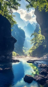 Sunlit canyon river winding through misty blue mountains.