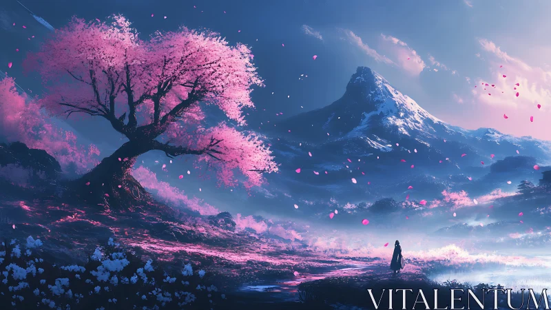 Solitary wanderer stands beneath luminous cherry tree