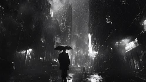 Silhouetted figure stands under umbrella in rainy neon city