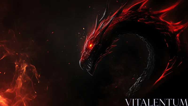 Digital painting of a coiled infernal dragon in negative space.