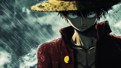 Storm-lit straw-hat wanderer staring down the horizon.