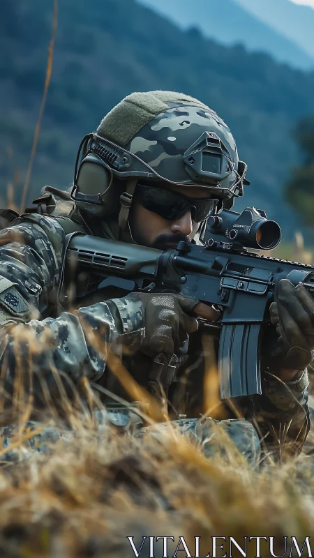 Camouflaged patience steadies a rifle in mountain silence