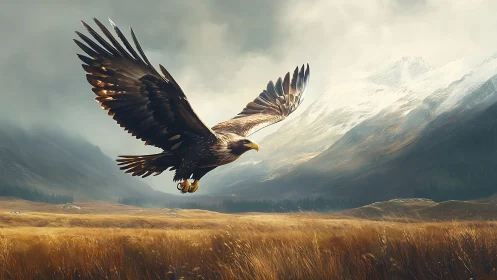 Majestic eagle soaring over golden valley with snow-capped mountains.