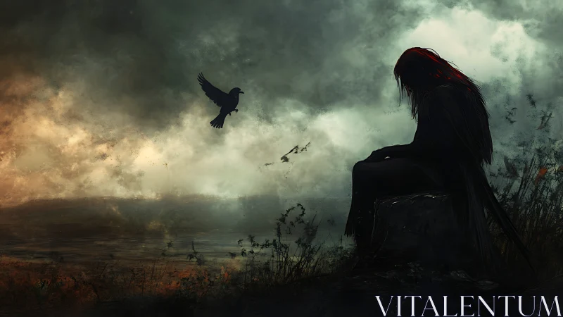 Stormlit figure rests with a patient crow on a brooding shore