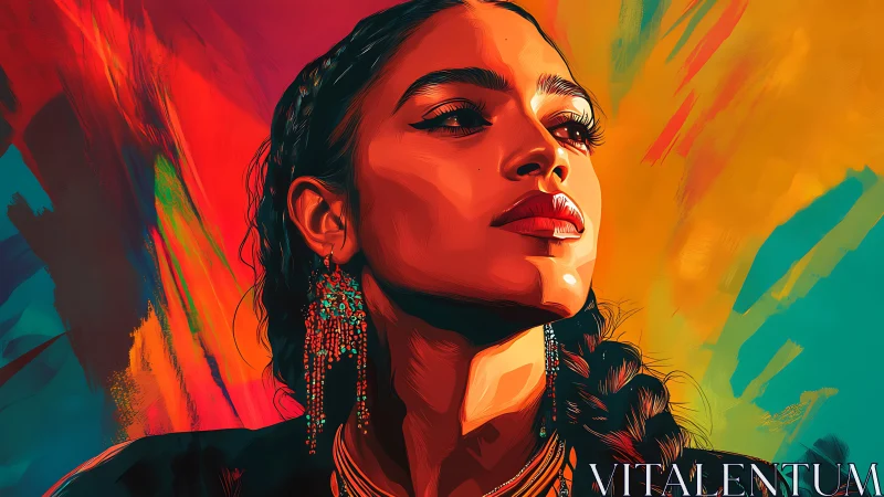 Digital painting portrait with vibrant abstract chromatic field.