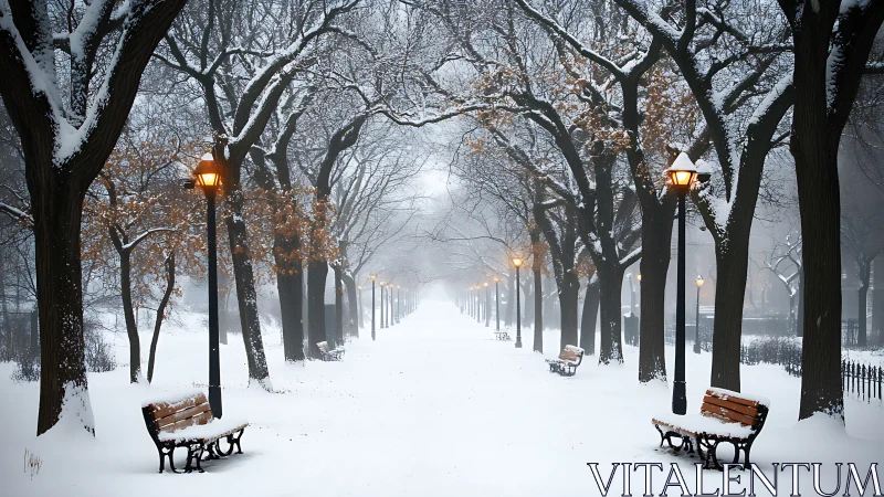 Snowy park pathway glows softly under warm winter lamplight
