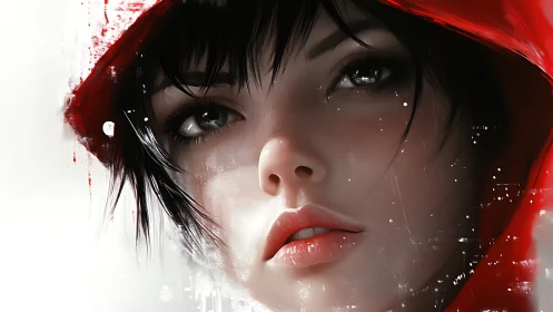 Red-hooded woman gazes ahead in luminous digital portrait.